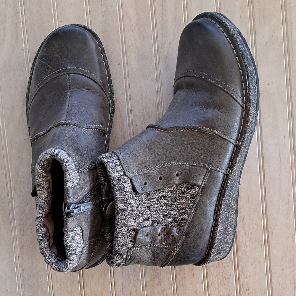 Aetrex Leather Ankle Boots Classic Comfy Wedge Cozy Knit Cuff Brown Booties